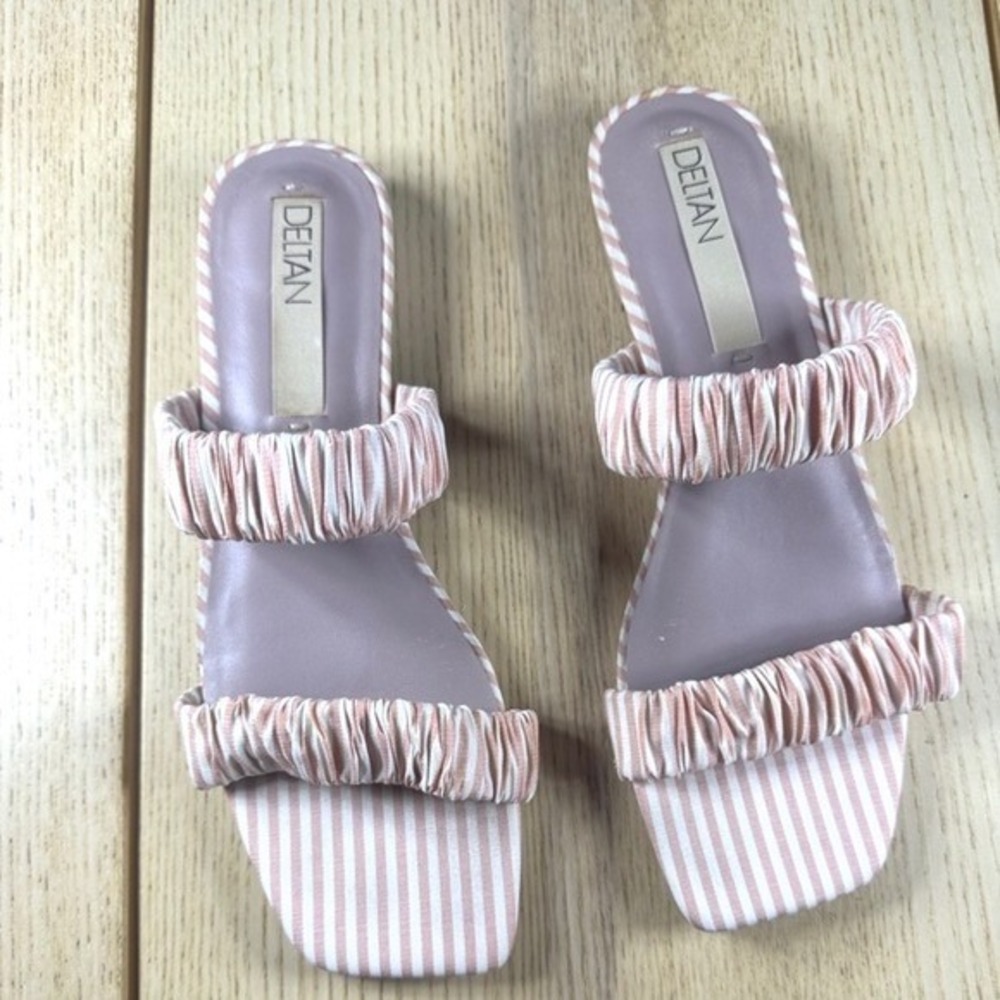 Deltan Pink White Striped Ruched Double Strap Square Toe Slide Sandals 9.5M